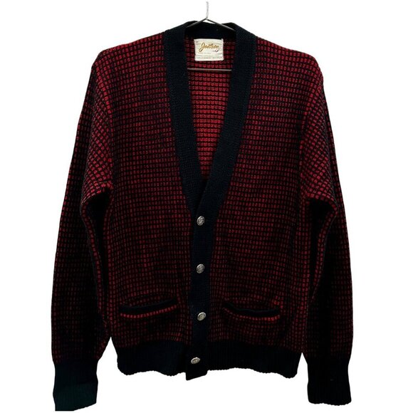 Vintage Jantzen 60s 70s Lambswool Cardigan Sweater Mens M USA Made Red Black